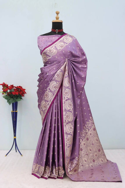 Lavender Purple Silk Saree with Elegant Floral Zari Border