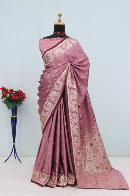 Dusty Rose Silk Saree with Delicate Zari Butti & Floral Border