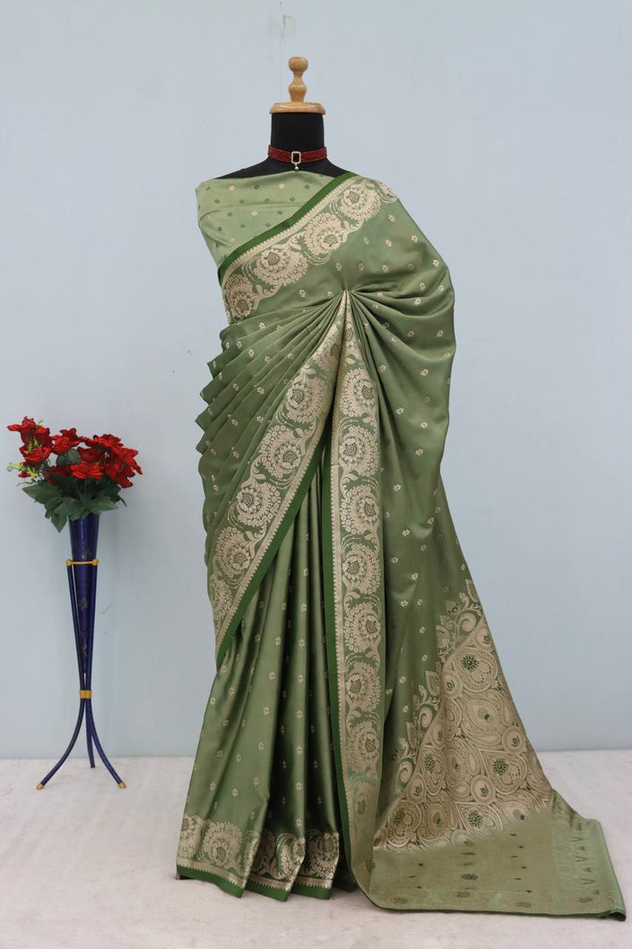 Olive Green Silk Saree with Elegant Zari Butti & Floral Border