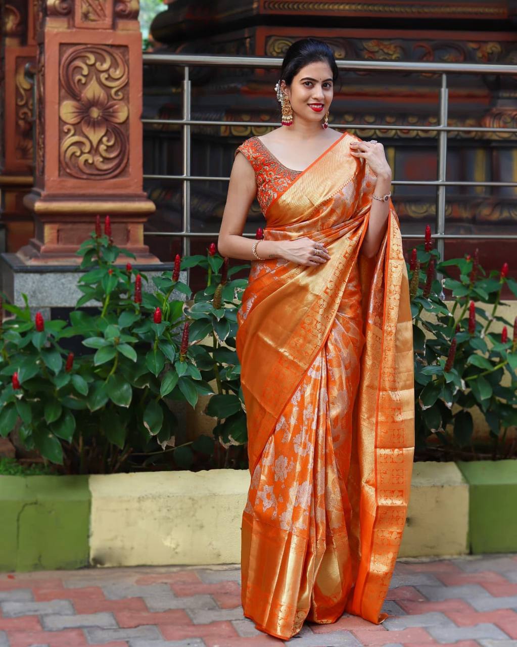 Radiant Orange Banarasi Silk Saree with All-Over Silver Floral Jaal & Grand Gold Zari Border