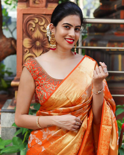 Radiant Orange Banarasi Silk Saree with All-Over Silver Floral Jaal & Grand Gold Zari Border