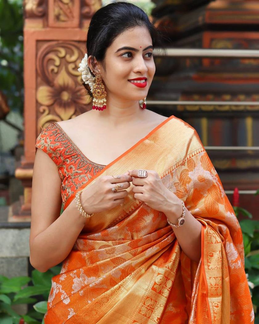 Radiant Orange Banarasi Silk Saree with All-Over Silver Floral Jaal & Grand Gold Zari Border