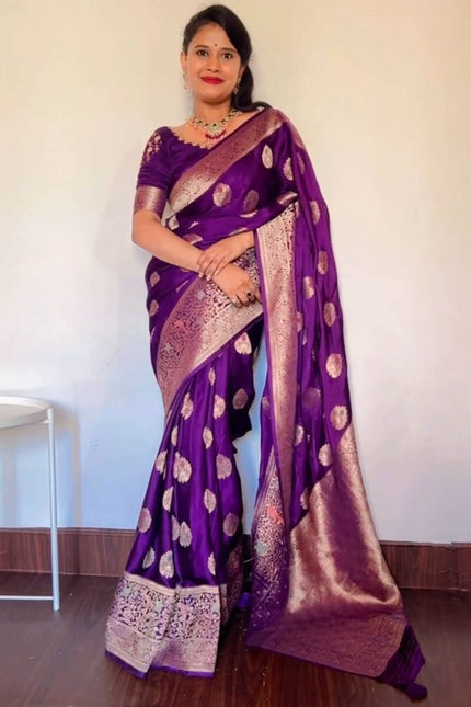 Royal Purple Banarasi Katan Silk Saree with Antique Zari Butta & Embroidered Blouse Piece