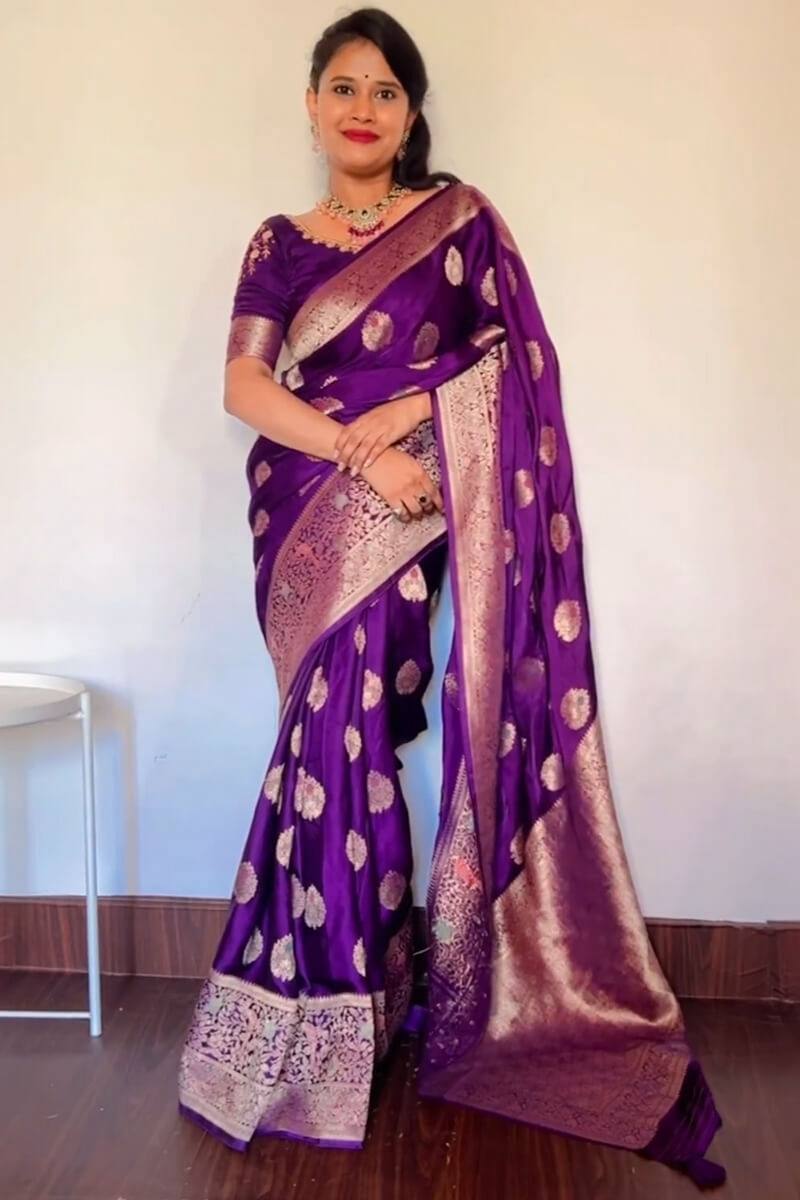 Royal Purple Banarasi Katan Silk Saree with Antique Zari Butta & Embroidered Blouse Piece