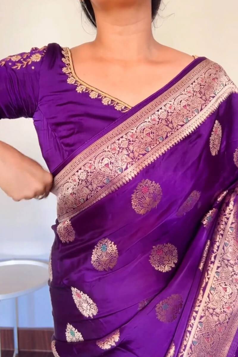 Royal Purple Banarasi Katan Silk Saree with Antique Zari Butta & Embroidered Blouse Piece