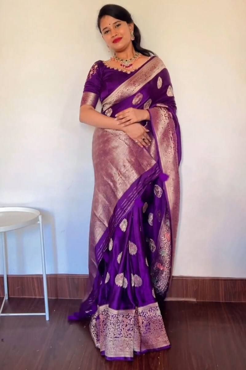 Royal Purple Banarasi Katan Silk Saree with Antique Zari Butta & Embroidered Blouse Piece
