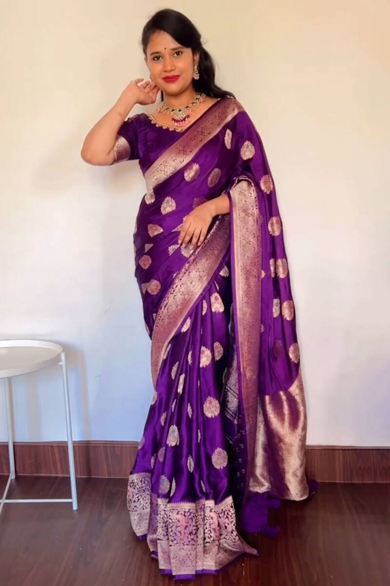 Royal Purple Banarasi Katan Silk Saree with Antique Zari Butta & Embroidered Blouse Piece