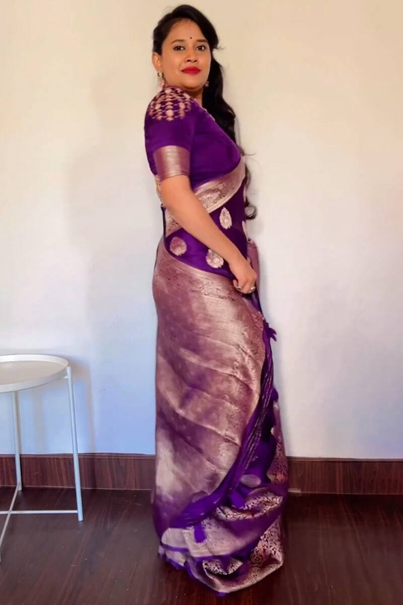 Royal Purple Banarasi Katan Silk Saree with Antique Zari Butta & Embroidered Blouse Piece
