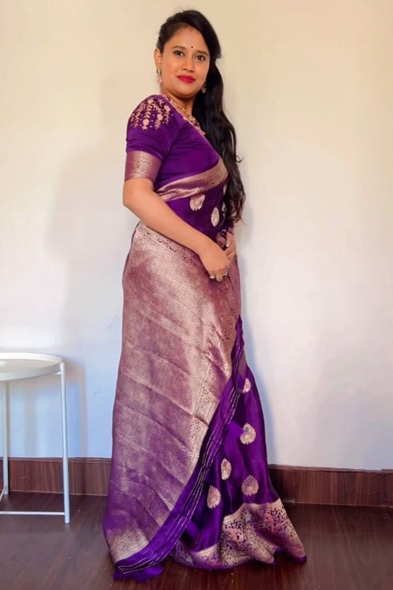 Royal Purple Banarasi Katan Silk Saree with Antique Zari Butta & Embroidered Blouse Piece