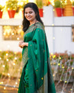 Emerald Green Banarasi Silk Saree with Antique Gold Zari Border and Matching Blouse