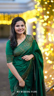 Emerald Green Banarasi Silk Saree with Antique Gold Zari Border and Matching Blouse
