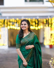 Emerald Green Banarasi Silk Saree with Antique Gold Zari Border and Matching Blouse