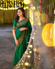 Emerald Green Banarasi Silk Saree with Antique Gold Zari Border and Matching Blouse