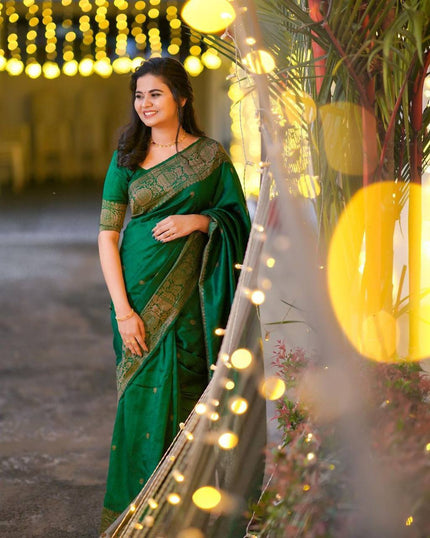 Emerald Green Banarasi Silk Saree with Antique Gold Zari Border and Matching Blouse