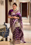 Royal Purple Handwoven Banarasi Silk Saree with Antique Silver Zari Floral Jaal