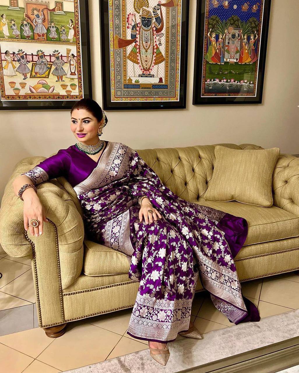 Royal Purple Handwoven Banarasi Silk Saree with Antique Silver Zari Floral Jaal