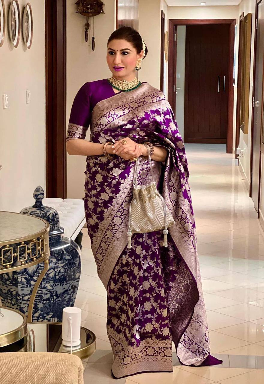 Royal Purple Handwoven Banarasi Silk Saree with Antique Silver Zari Floral Jaal