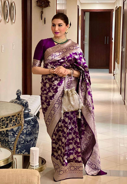 Royal Purple Handwoven Banarasi Silk Saree with Antique Silver Zari Floral Jaal