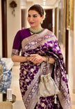 Royal Purple Handwoven Banarasi Silk Saree with Antique Silver Zari Floral Jaal
