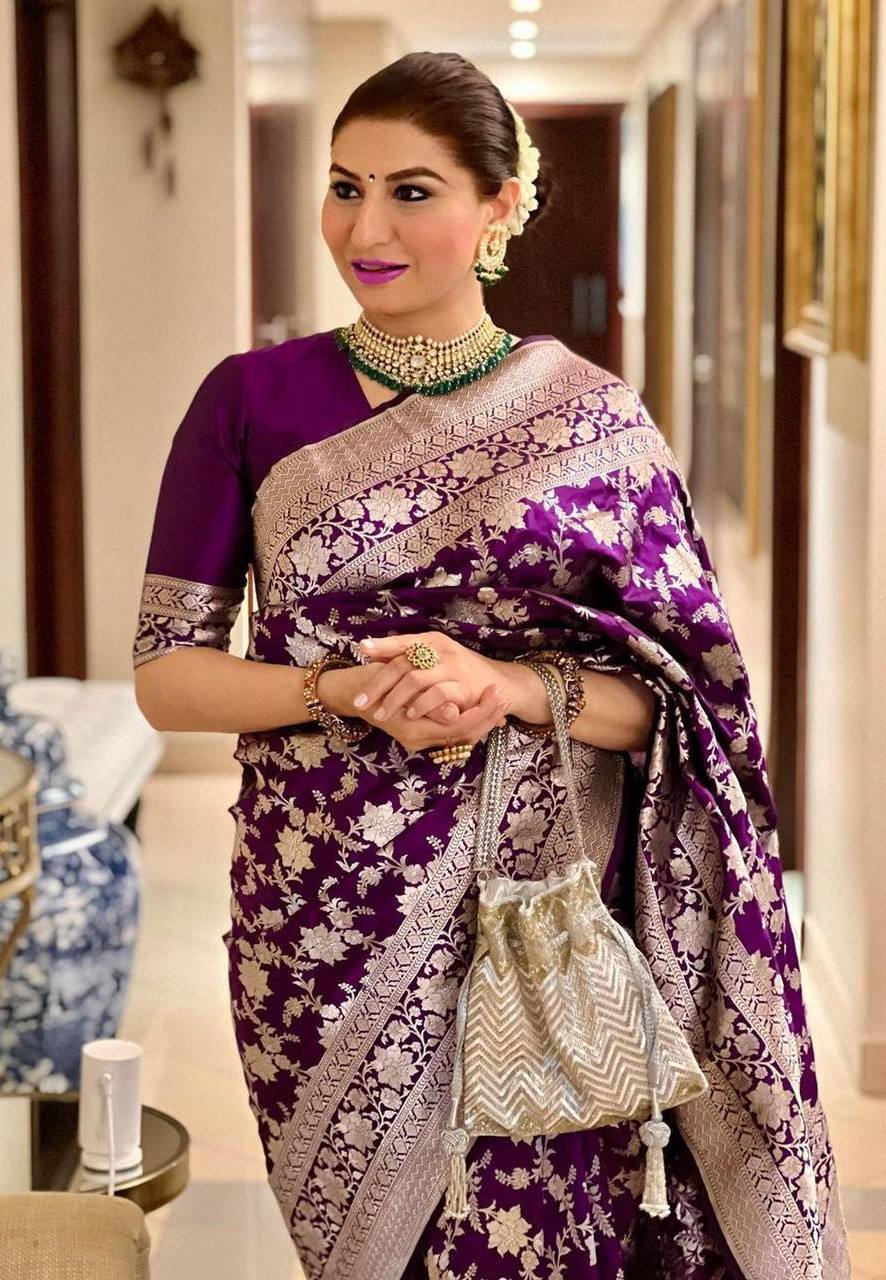 Royal Purple Handwoven Banarasi Silk Saree with Antique Silver Zari Floral Jaal