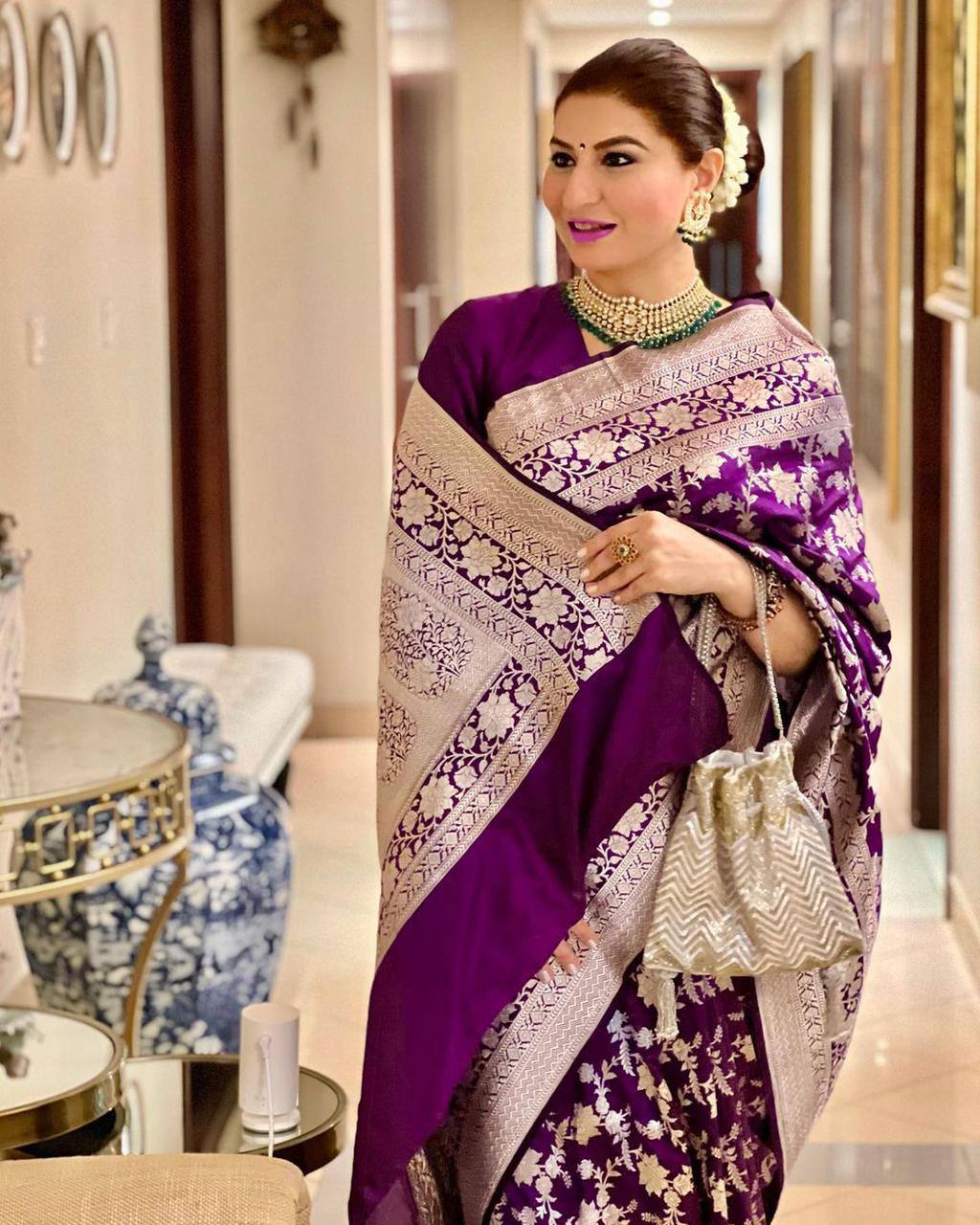 Royal Purple Handwoven Banarasi Silk Saree with Antique Silver Zari Floral Jaal