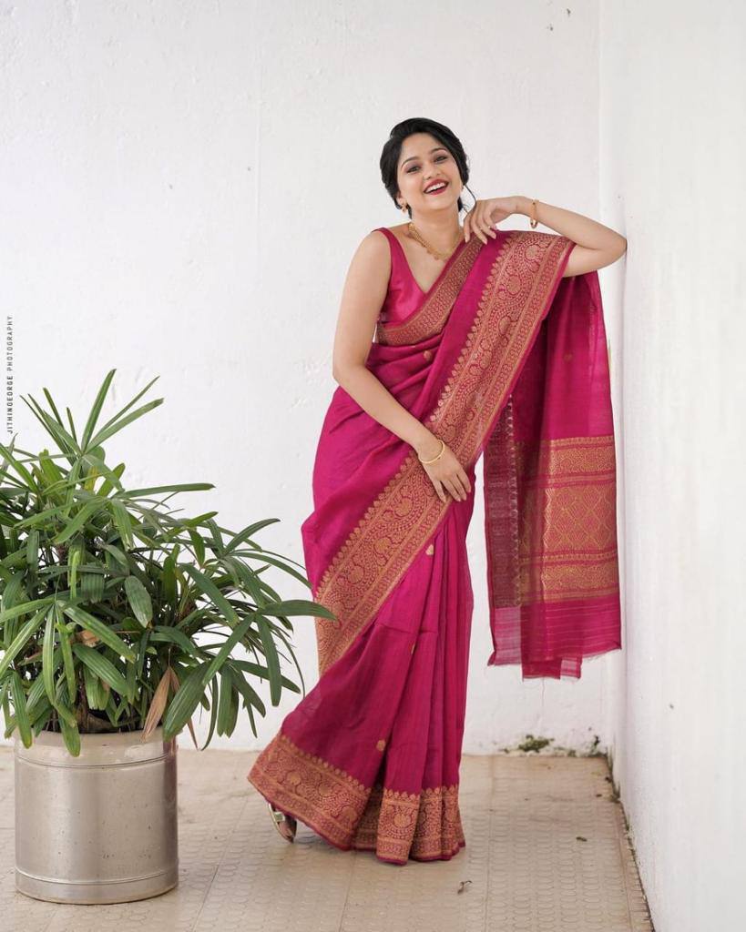 Magenta Pink Hand-Woven Banarasi Silk Saree with Antique Gold Zari Border