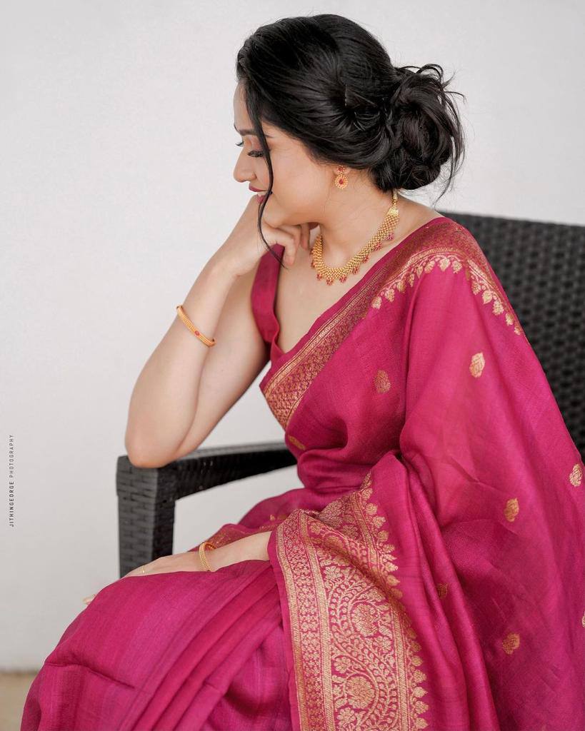 Magenta Pink Hand-Woven Banarasi Silk Saree with Antique Gold Zari Border