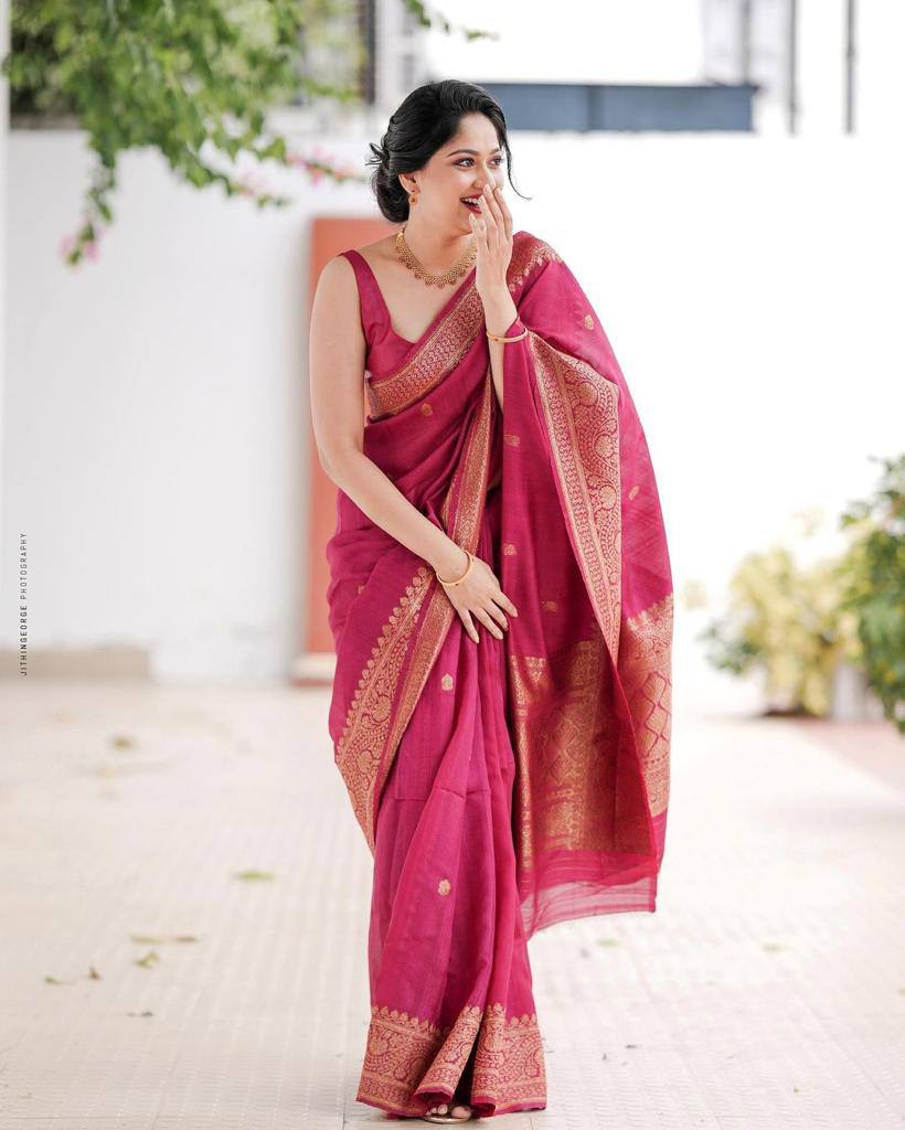 Magenta Pink Hand-Woven Banarasi Silk Saree with Antique Gold Zari Border