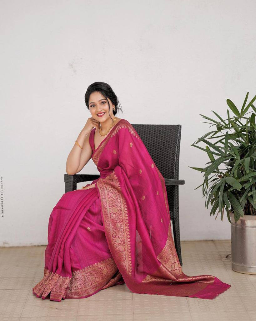 Magenta Pink Hand-Woven Banarasi Silk Saree with Antique Gold Zari Border