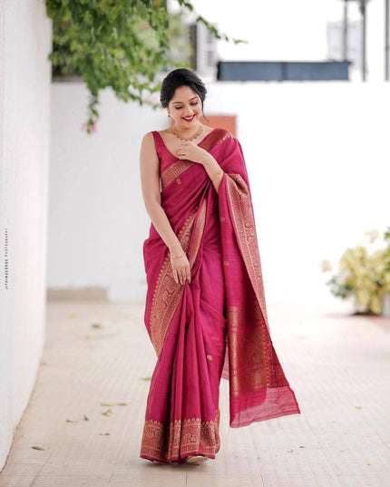 Magenta Pink Hand-Woven Banarasi Silk Saree with Antique Gold Zari Border