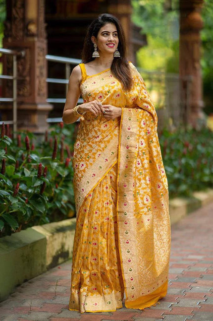 Elegant Mustard Yellow Banarasi Silk Saree with Traditional Meenakari Floral Weave & Rich Pallu