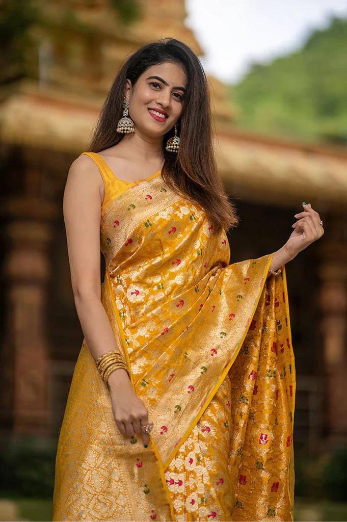 Elegant Mustard Yellow Banarasi Silk Saree with Traditional Meenakari Floral Weave & Rich Pallu