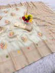Premium Luxury Ivory Cream Silk Saree with Multicolor Floral Butta & Elegant Zari Border