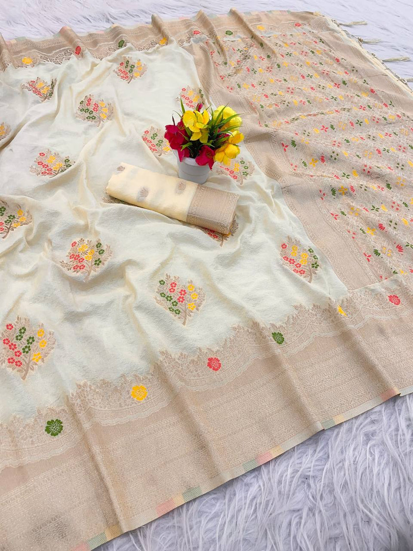 Premium Luxury Ivory Cream Silk Saree with Multicolor Floral Butta & Elegant Zari Border