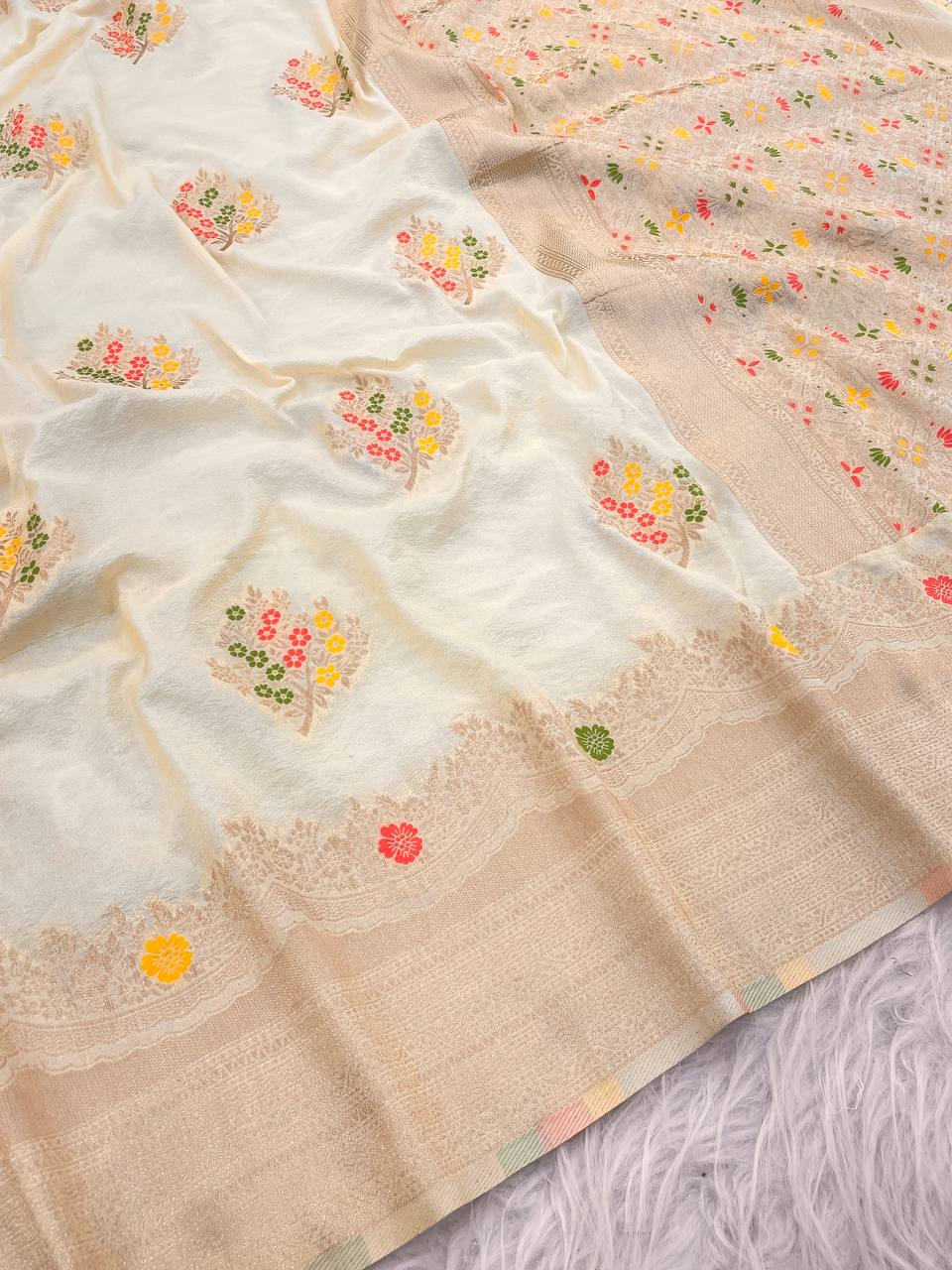 Premium Luxury Ivory Cream Silk Saree with Multicolor Floral Butta & Elegant Zari Border