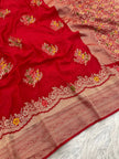 Premium Luxury Ruby Red Silk Saree with Multicolor Floral Butta & Heavy Zari Border