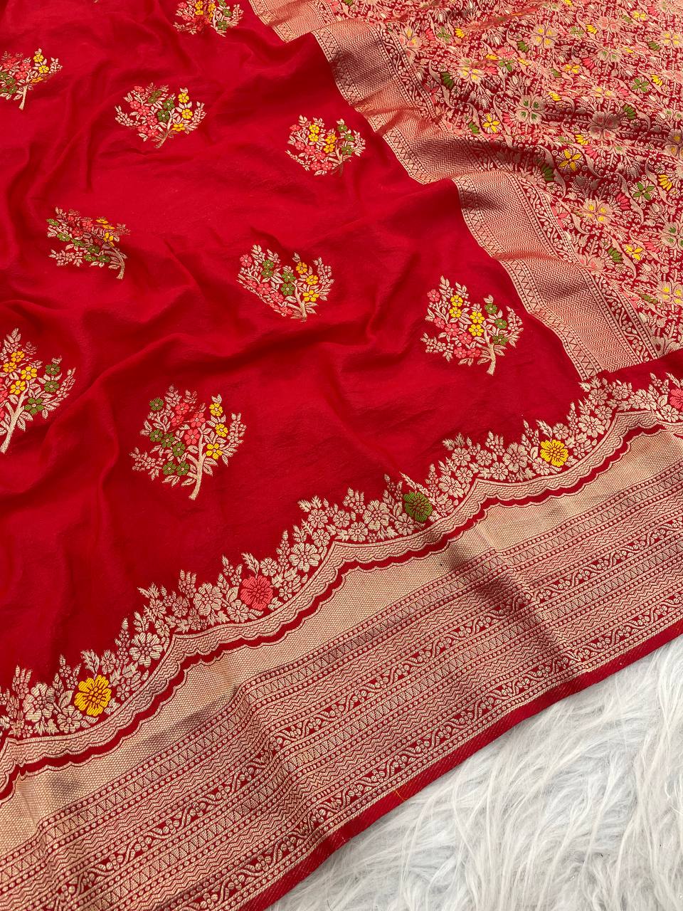 Premium Luxury Ruby Red Silk Saree with Multicolor Floral Butta & Heavy Zari Border