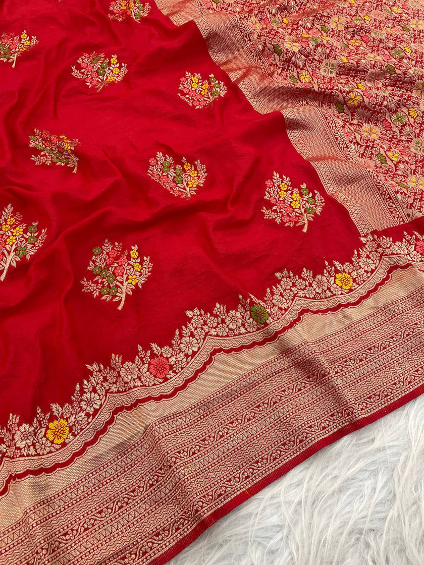 Premium Luxury Ruby Red Silk Saree with Multicolor Floral Butta & Heavy Zari Border