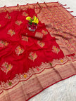 Premium Luxury Ruby Red Silk Saree with Multicolor Floral Butta & Heavy Zari Border