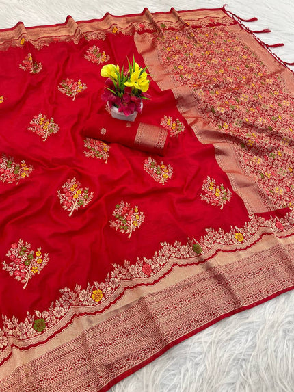 Premium Luxury Ruby Red Silk Saree with Multicolor Floral Butta & Heavy Zari Border