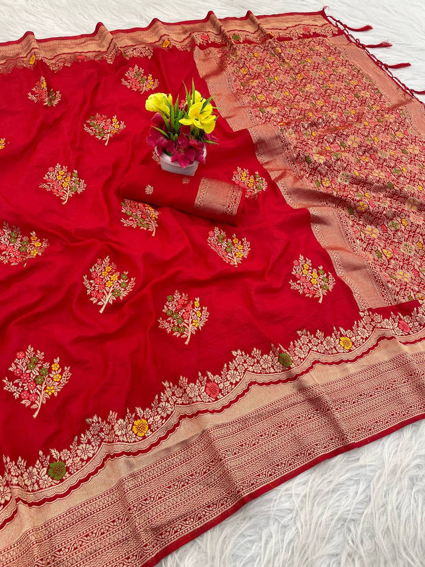 Premium Luxury Ruby Red Silk Saree with Multicolor Floral Butta & Heavy Zari Border