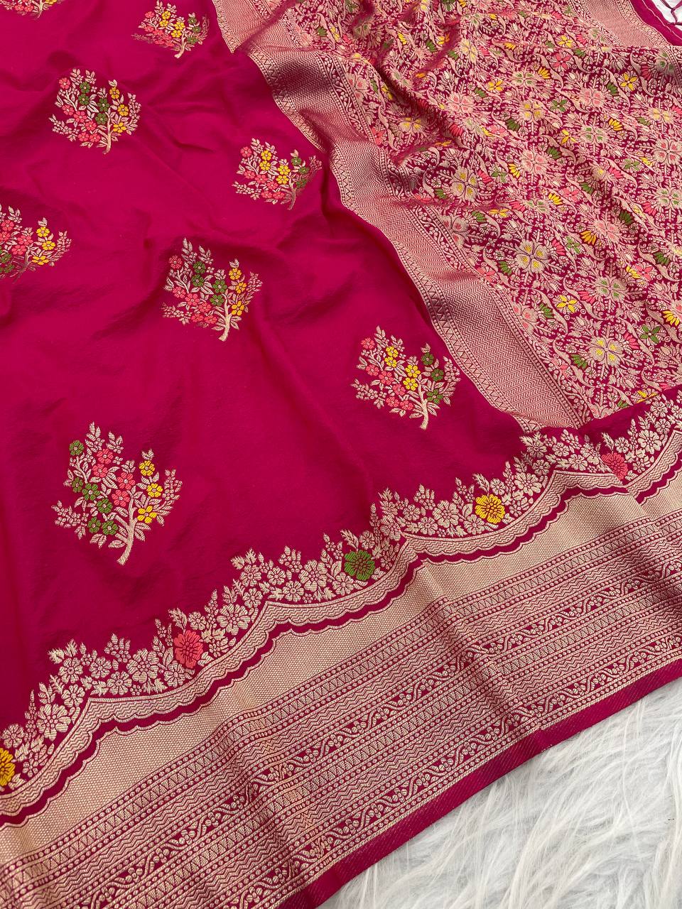 Premium Luxury Magenta Pink Silk Saree with Multicolor Floral Butta & Heavy Zari Border