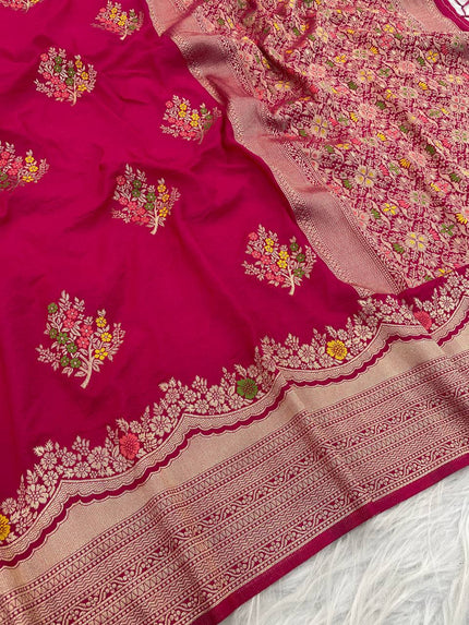 Premium Luxury Magenta Pink Silk Saree with Multicolor Floral Butta & Heavy Zari Border