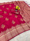 Premium Luxury Magenta Pink Silk Saree with Multicolor Floral Butta & Heavy Zari Border