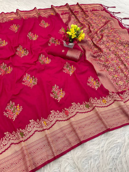 Premium Luxury Magenta Pink Silk Saree with Multicolor Floral Butta & Heavy Zari Border
