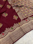 Premium Luxury Maroon Silk Saree with Multicolor Floral Butta & Heavy Zari Border
