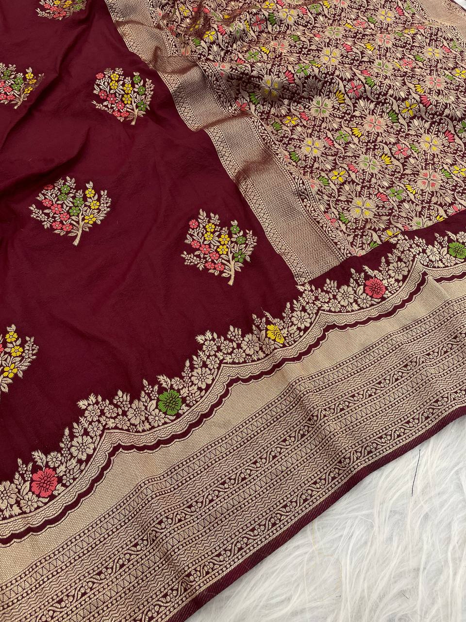 Premium Luxury Maroon Silk Saree with Multicolor Floral Butta & Heavy Zari Border