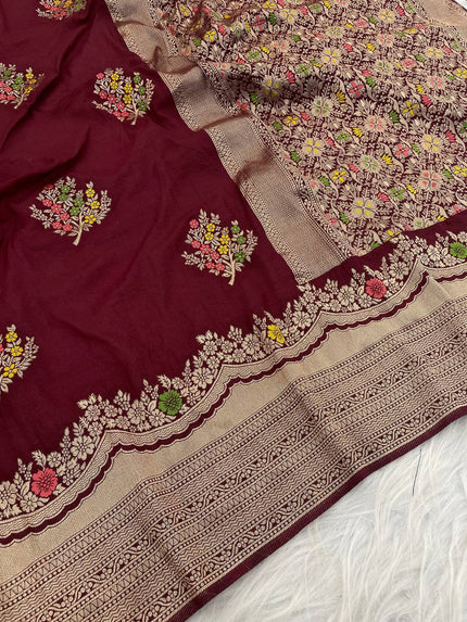 Premium Luxury Maroon Silk Saree with Multicolor Floral Butta & Heavy Zari Border