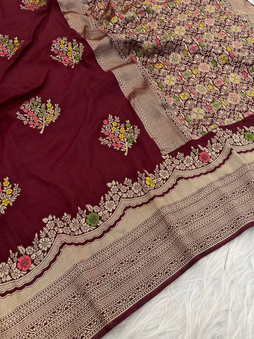 Premium Luxury Maroon Silk Saree with Multicolor Floral Butta & Heavy Zari Border
