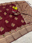 Premium Luxury Maroon Silk Saree with Multicolor Floral Butta & Heavy Zari Border